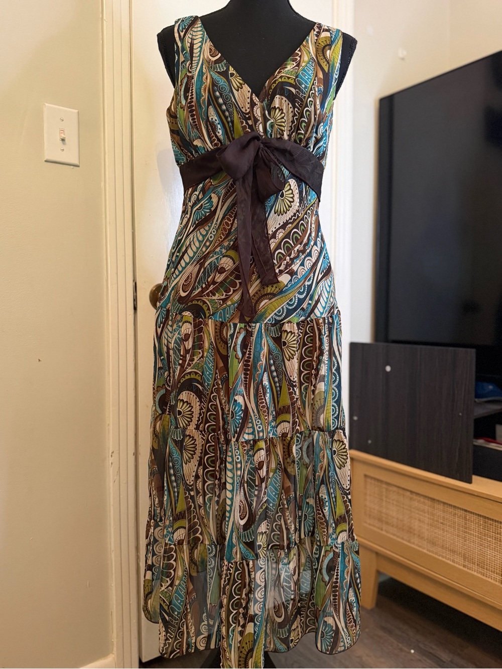 connected apparel Teal, Brown & Cream Paisley V-Neck Maxi Dress